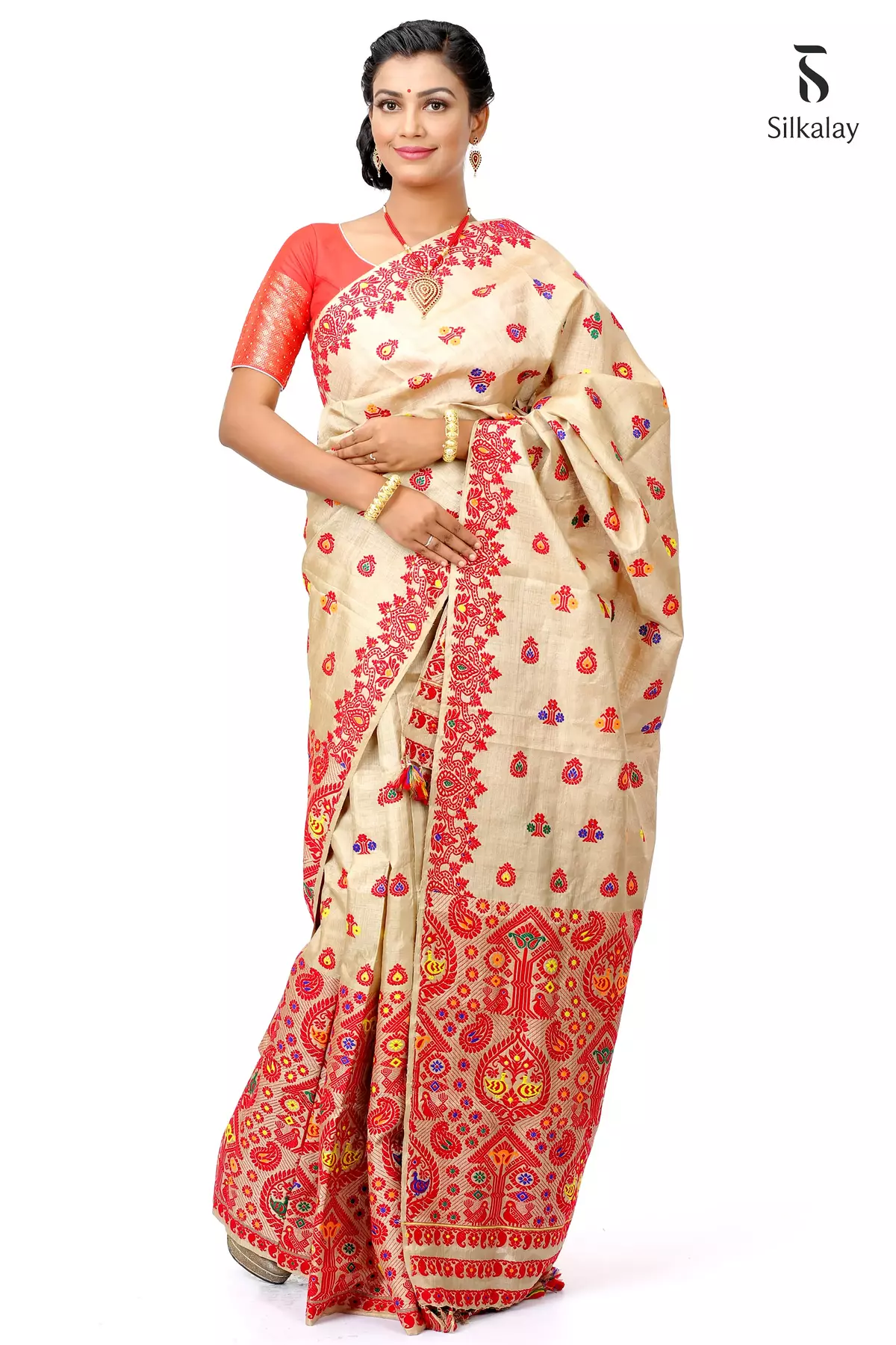 Muga Silk Handloom Mekhla Chador Set from Assam in Classic Red and Mug –  korobidesign